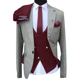2021 Официальные мужские костюмы, комплект из 3 предметов, сшитый на заказ, Серый деловой Блейзер, Смокинг, Свадебный костюм жениха, Бордовый Двубортный жилет, брюки