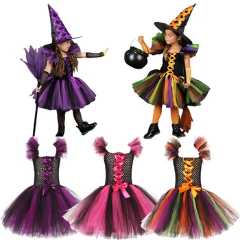 2023 Детский Карнавальный Костюм Ведьмы для Косплея девочек на Хэллоуин, Детские Маскарадные костюмы, Детское праздничное платье Вампира из тюля от 2 до 12 лет
