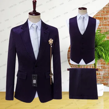 2023 Мужские костюмы Фиолетового цвета С Тиснением в виде Волнистой точки, мужские модельные костюмы-тройки, Повседневные офисные деловые костюмы для Свадьбы