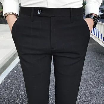 2023 Полосатые брюки-карандаш, Мужские повседневные брюки с завязками, Мужские Модные дышащие универсальные брюки, облегающие клетчатые офисные брюки