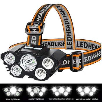 5 светодиодных фар, супер яркий налобный мощный фонарик, USB-перезаряжаемый встроенный аккумулятор, ночная рыбалка на открытом воздухе
