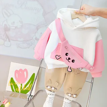 LZH 2022, Осенне-зимняя детская одежда, Утолщенные свитера с капюшоном и героями мультфильмов для девочек, комплект из двух предметов, одежда для девочек 1-4 лет
