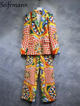 Seifrmann Высококачественные летние женские модные комплекты брюк для подиума с многоцветным принтом, облегающая женская куртка + длинные брюки с высокой талией, костюмы