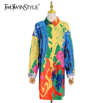 TWOTWINSTYLE Рубашки с рисунком Для женщин, Свободный Цвет, Большие Размеры, Отворот, Длинный рукав, Блузки в богемном стиле, Женская одежда 2021 года