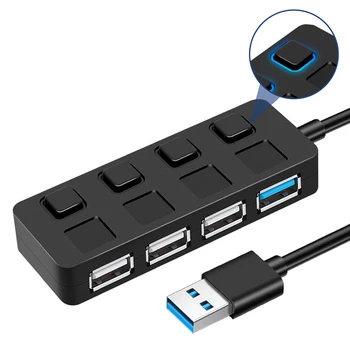 USB-концентратор 3.0, 4-Портовый USB-концентратор данных, Разветвитель с индивидуальными переключателями включения / выключения, 4-Портовый USB 3.0-концентратор, Портативный концентратор данных для ПК, ноутбука