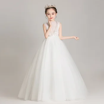 Белое Свадебное платье с цветочным узором для девочек, Длинные Вечерние Элегантные платья Принцессы на День рождения, Детское Пышное Роскошное бальное платье Comunion Vestido