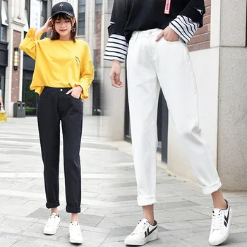 Белые Джинсы с высокой талией, Весенне-осенние Новые брюки Harlem, Черные женские джинсы Street Beat, Джинсы для женщин