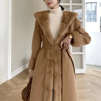 Высококачественное зимнее женское пальто с капюшоном из натурального меха норки, модный двухсторонний шерстяной кардиган с поясом
