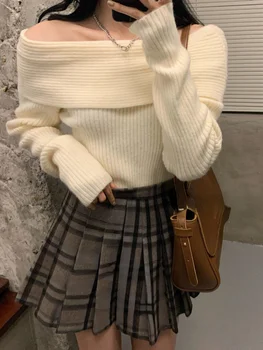 Вязаный свитер с открытыми плечами, Женские Пуловеры с длинным рукавом, Осень-зима, однотонная Модная Сексуальная одежда Y2k, топы в корейском стиле