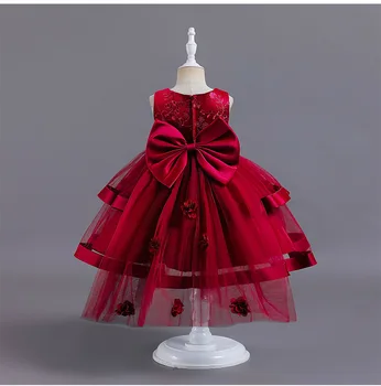 Детское Винно-красное Тюлевое платье с вышивкой, Рождественское Платье Принцессы без рукавов для девочек, Праздничные платья для детей 6-7 лет, Винтажный цветок