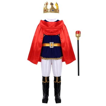 Детское праздничное платье для Косплея на Хэллоуин, костюм средневекового принца для мальчиков, Топы со штанами, пояс, накидка, корона, дубинка, бахилы, комплект