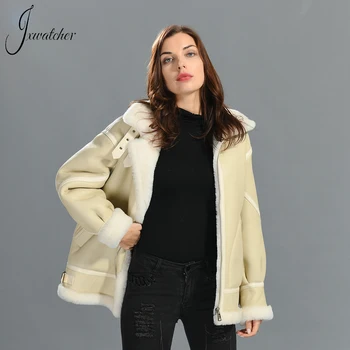 Женская зимняя куртка-дубленка Jxwatcher, пальто из натуральной кожи, натуральный овечий мех, Шерстяная подкладка Внутри, Верхняя одежда из натуральной овчины