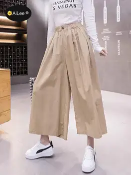 Женские брюки-карго с разрезом сбоку, Большие брюки-Кюлоты, Летняя широкая юбка в японском стиле, Эластичные хлопковые расклешенные карманы с высокой талией
