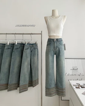 Женские джинсы с высокой талией, Модные Свободные широкие брюки, Винтажная уличная одежда, Джинсы для мам, Y2k, Джинсовые брюки полной длины