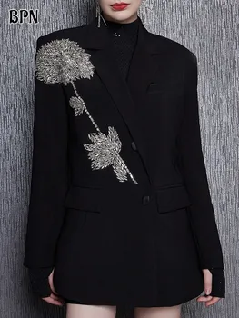 Женский Блейзер в стиле Пэчворк с бриллиантами, Однобортный Блейзер Свободного Кроя с Зубчатым воротником и длинным рукавом, женская одежда