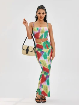Женский укороченный топ с цветочным принтом и юбка миди с высокой талией, комплект для летних каникул в уличном стиле