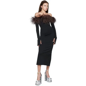 Женское модное весенне-летнее платье с открытыми плечами, вечернее платье с перьями, женское платье длиной до колена, BYS5635
