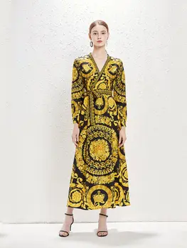 Женское Элегантное Вечернее платье с V образным вырезом и длинным рукавом, на Шнуровке, с Цветочным золотым принтом, Модное Дизайнерское Винтажное Длинное платье в стиле барокко 6260