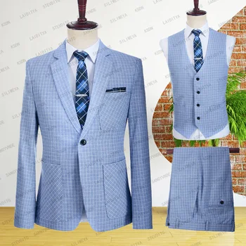 Классические Синие мужские костюмы-тройки из денима с решеткой 2023, Модный Свадебный костюм, пиджак, Смокинги для мужчин, Высококачественные повседневные костюмы