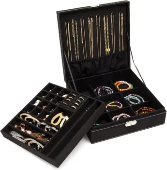 Коробка для хранения ювелирных изделий, чехол-органайзер, Штабелируемый 2-слойный дисплей, Бархатное ожерелье, серьги, браслет, кольцо, Держатель для броши для часов, черный