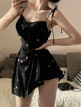 Летнее Черное платье Y2K в стиле Ретро с цветочным принтом и бантом, мини-модное эстетичное клубное вечернее Сексуальное платье для женщин, наряды трапециевидной формы, Корейский халат