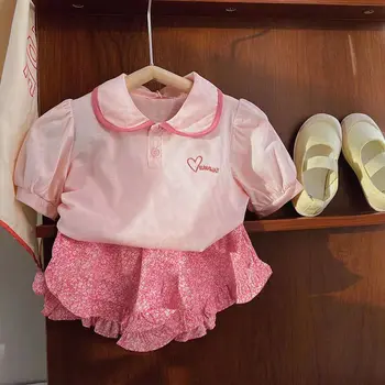 Летний комплект для девочек, новая детская розовая футболка с рукавами-пузырями, короткий комплект из двух предметов с оборками, фрагментированный, 1-3, 5 лет