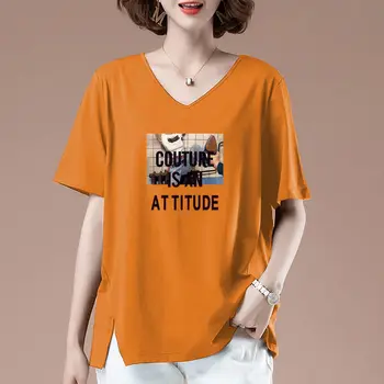 Модная Асимметричная Блузка с V-образным вырезом и буквенным принтом, Женская одежда 2023, Летние Новые Повседневные Пуловеры Оверсайз, Свободная Корейская Рубашка