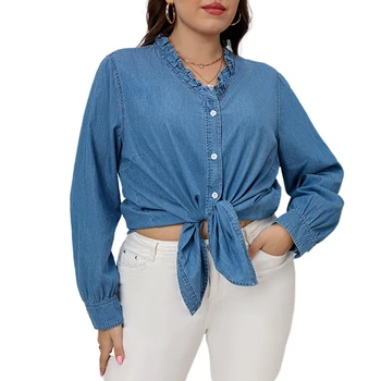 Модная шикарная однотонная рубашка с длинным рукавом Размера Плюс 5XL, Элегантная Офисная женская джинсовая рубашка на пуговицах, Повседневные простые однотонные женские блузки
