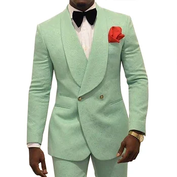 Мятно-зеленые приталенные мужские костюмы с цветочным принтом, двубортные для свадьбы, Смокинг жениха, 2 предмета, куртка, брюки, костюмы для выпускного вечера