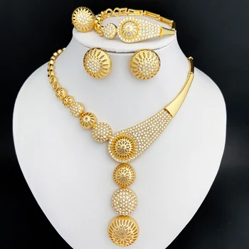 Набор ювелирных изделий Золотого цвета из Дубая, Полый круглый шар, Большое Ожерелье с подвеской, Серьги, Кольцо, браслет, набор для женской свадьбы