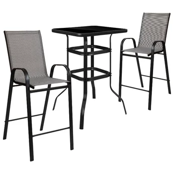 Обеденный набор Brazos на открытом воздухе - Набор для бистро на 2 персоны - Стеклянный барный стол Brazos на открытом воздухе с серыми всепогодными стульями для патио