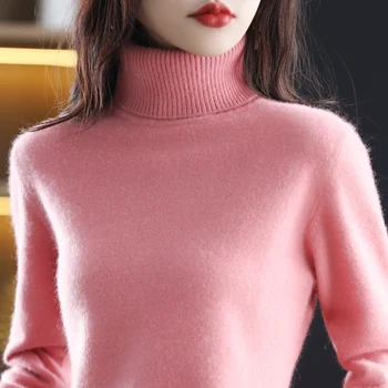 Осенне-зимний новый 100% натуральный норковый бархат, женская новая мода, толстый, с высоким отворотом, однотонный свободный вязаный пуловер с длинным рукавом