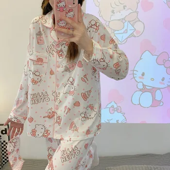 Пижамный комплект Kawaii Sanrio Hello Kitty с Рисунком Аниме для девочек, Пижама в стиле Ins, Свободная Одежда с длинными рукавами, Комплект домашней одежды, Подарок для Девочек