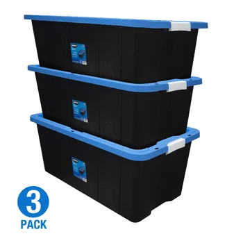 Пластиковый Контейнер для хранения с защелкой на 40 галлонов, черный с синей крышкой, набор из 3 предметов