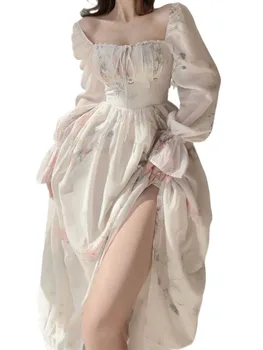 Платье с цветочным рисунком для женщин, Мода 2023, Элегантное платье миди с длинным рукавом во французском стиле, Шикарное Повседневное шифоновое платье с квадратным воротником