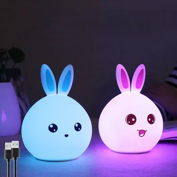 Светодиодная силиконовая лампа с сенсорным кроликом и зарядкой от USB, 7 цветов, прикроватная лампа, ночник для ребенка