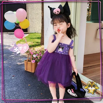 Сетчатое платье Sanrio на подтяжках, фиолетовая юбка с героями мультфильмов Kuromi Kawaii для девочек, модная детская одежда, верхняя одежда для детей
