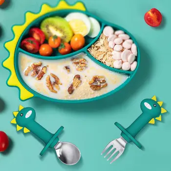 Силиконовая посуда Детская Секционная Тарелка на присоске, Раздаточная Детская посуда, Разделенная детская миска для питья, Поднос с динозавром