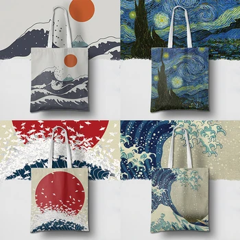 Холщовая сумка в стиле ретро Укие-э в японском стиле, студенческая сумка для покупок через плечо